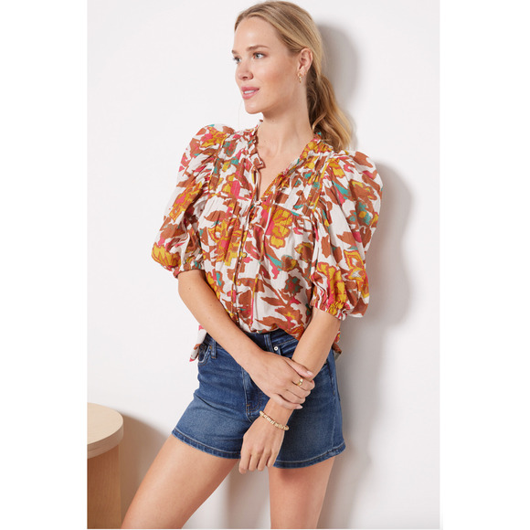 CLEOBELLA NWT Evereve Zola Puff Sleeve Organic Cotton Floral Blouse // S - Picture 1 of 12